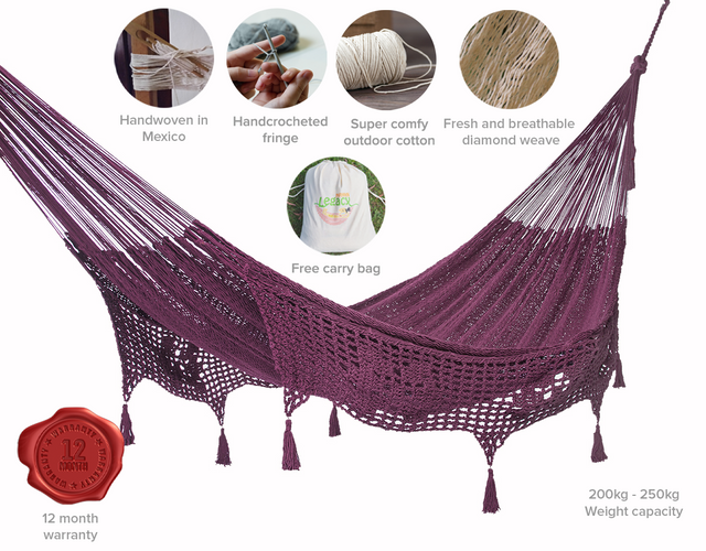 Mayan Legacy Queen Size Deluxe Outdoor Cotton Mexican Hammock in Maroon Colour