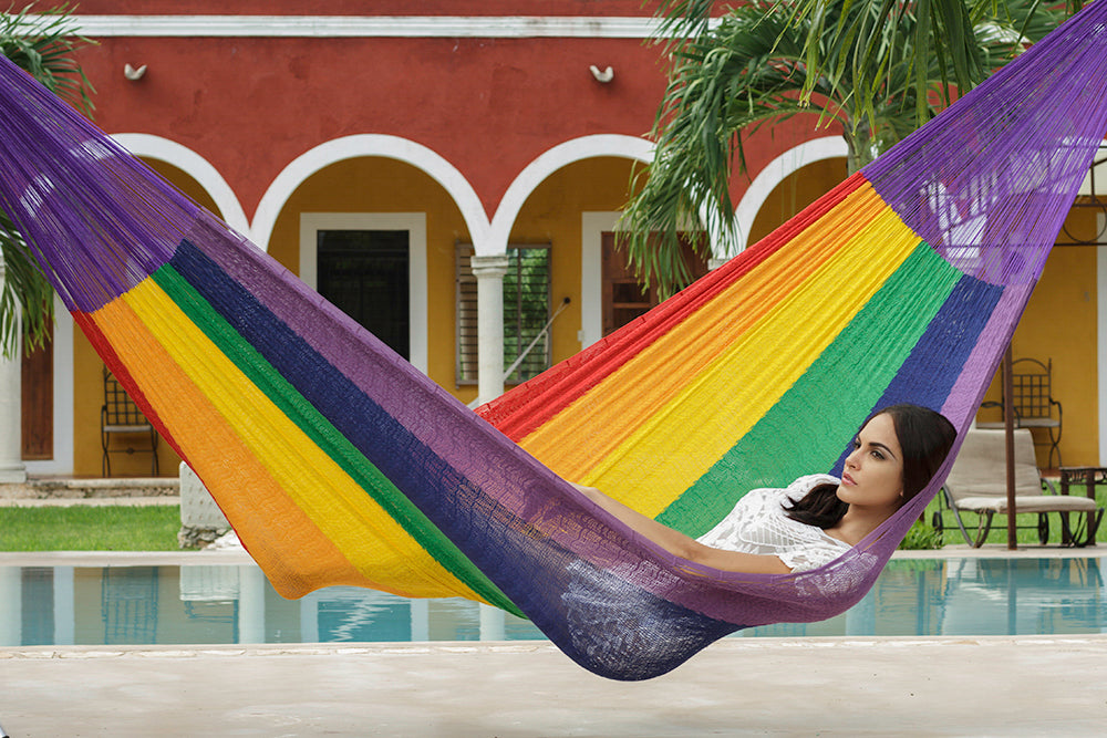 Mayan Legacy Jumbo Size Cotton Mexican Hammock in Rainbow Colour