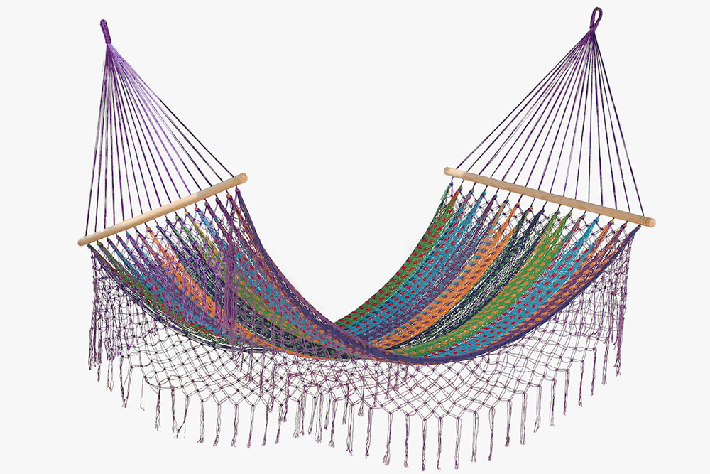 Mayan Legacy Queen Size Outdoor Cotton Mexican Resort Hammock With Fringe in Colorina Colour