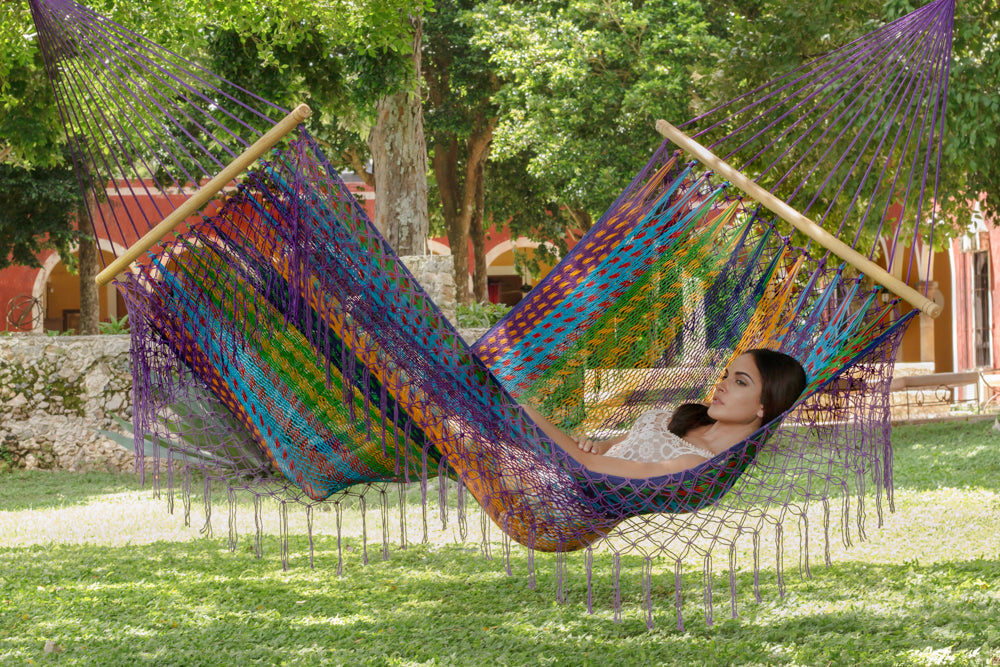 Mayan Legacy Queen Size Outdoor Cotton Mexican Resort Hammock With Fringe in Colorina Colour