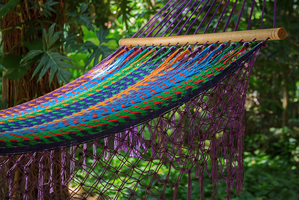 Mayan Legacy Queen Size Outdoor Cotton Mexican Resort Hammock With Fringe in Colorina Colour