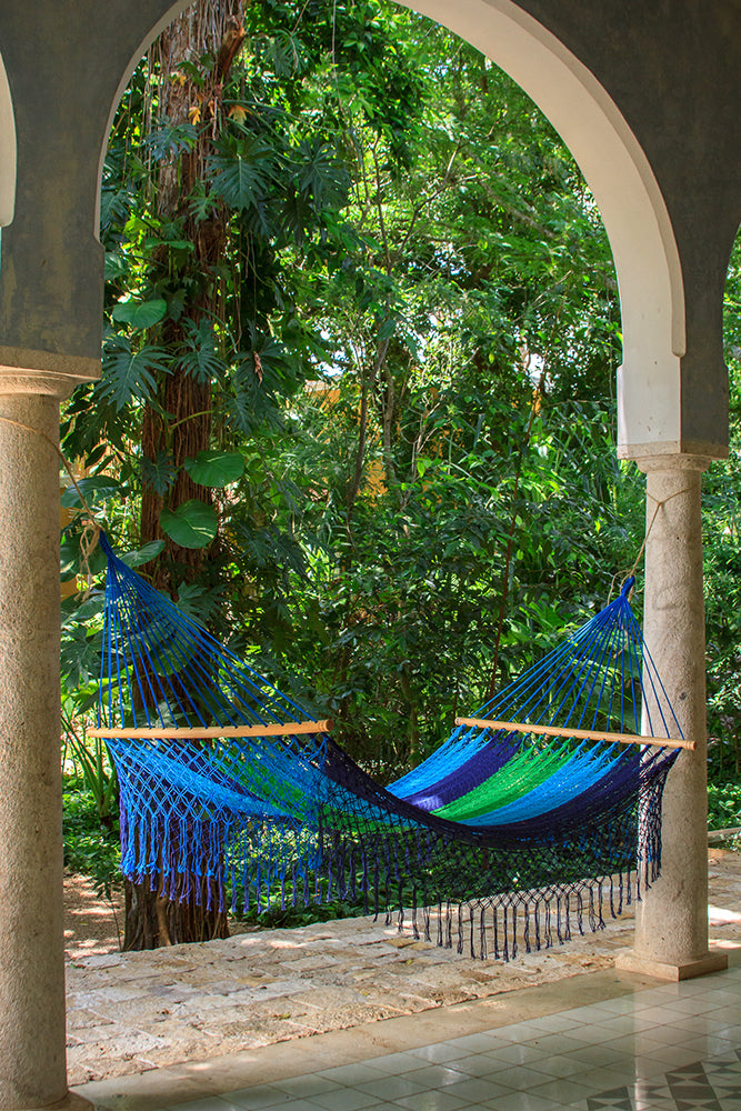 Mayan Legacy Queen Size Outdoor Cotton Mexican Resort Hammock With Fringe in Oceanica Colour