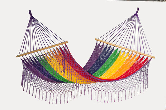 Mayan Legacy Queen Size Outdoor Cotton Mexican Resort Hammock With Fringe in Rainbow Colour