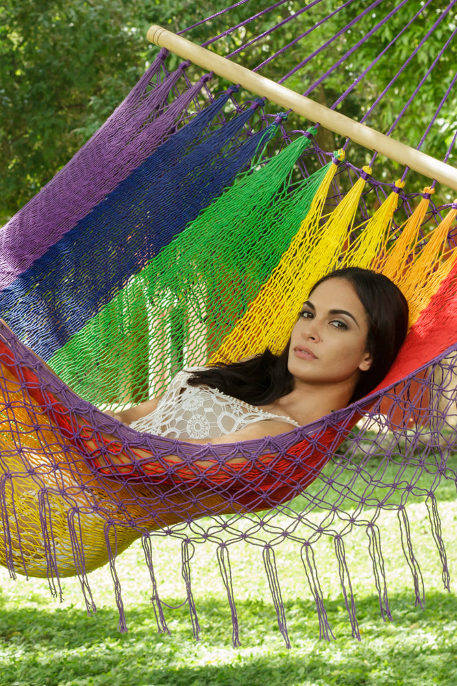 Mayan Legacy Queen Size Outdoor Cotton Mexican Resort Hammock With Fringe in Rainbow Colour