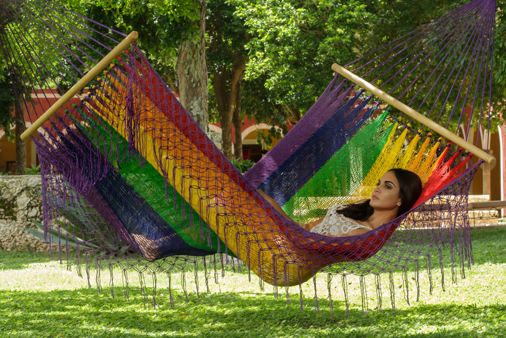 Mayan Legacy Queen Size Outdoor Cotton Mexican Resort Hammock With Fringe in Rainbow Colour