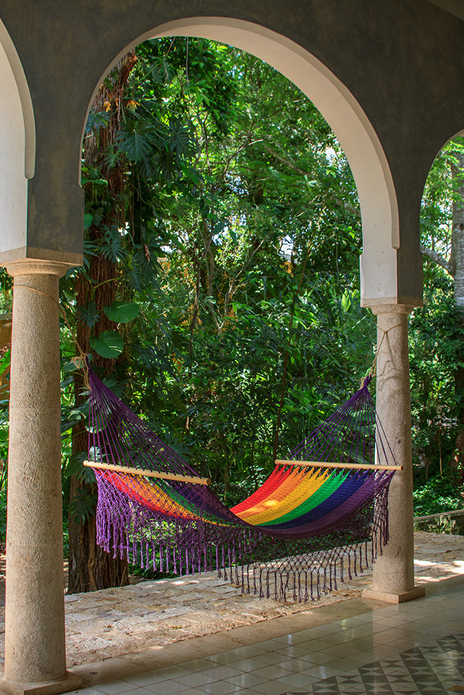 Mayan Legacy Queen Size Outdoor Cotton Mexican Resort Hammock With Fringe in Rainbow Colour