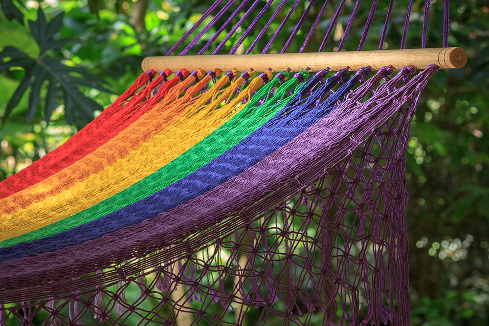 Mayan Legacy Queen Size Outdoor Cotton Mexican Resort Hammock With Fringe in Rainbow Colour