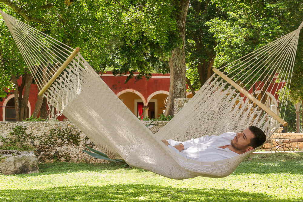 Mayan Legacy Queen Size Outdoor Cotton Mexican Resort Hammock No Fringe in Cream Colour